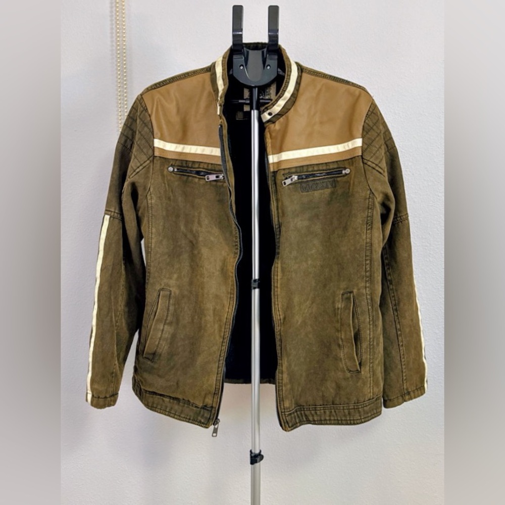 Bleu Grandeur‎ Moto Jacket Mens XL Brown Distressed Faux Leather Racing Stripe